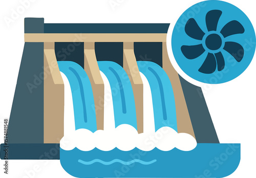 Flat vector hydroelectric dam with water flow and turbine symbol, renewable energy, isolated on white