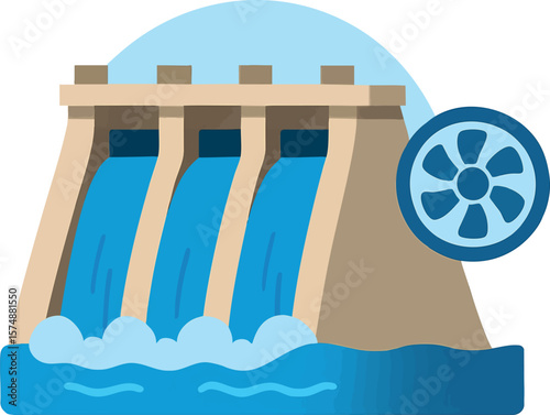 Flat vector hydroelectric dam with water flow and turbine symbol, renewable energy, isolated on white