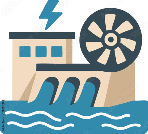 Flat vector hydroelectric station with turbine icon and river flow, renewable energy theme, isolated on white