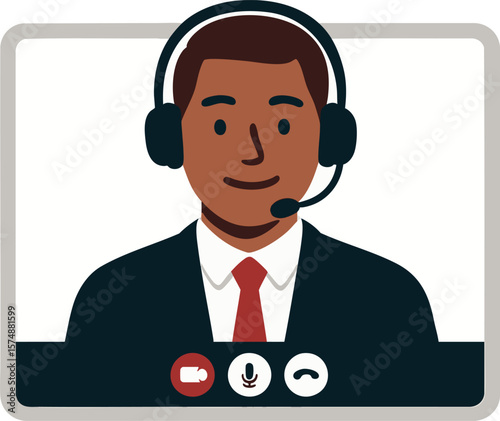 Flat vector ideal candidate in video call interview with webcam, headset, and confident smile, isolated on white