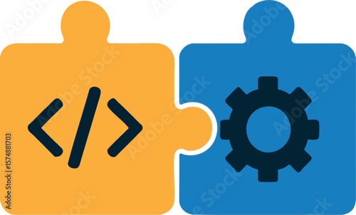 Flat vector illustration of two puzzle pieces connecting, symbolizing software integration, isolated on white