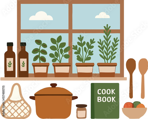 Flat vector indoor garden setup with herbs on window sill, sustainable cooking, isolated on white