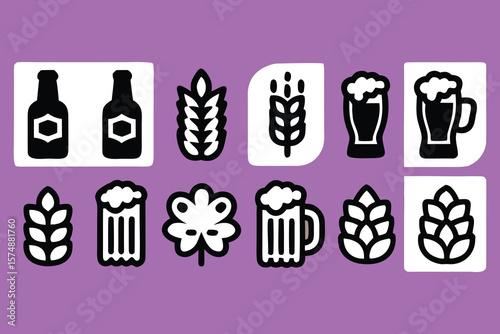 Beer Icons Set Brewery Wheat Hops and Beer Glasses