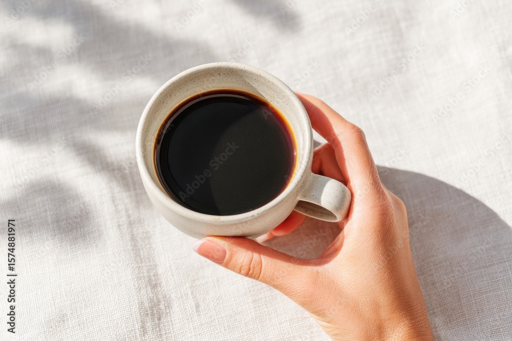 Woman holding cup of black coffee on white linen tablecloth under sunlight Woman holding cup of black coffee on white linen tablecloth under sunlight