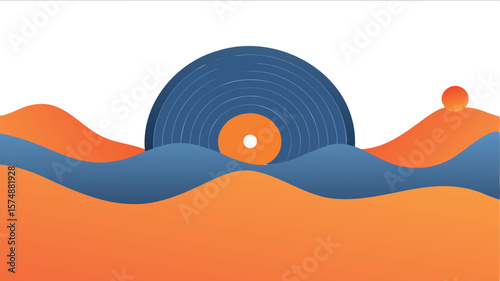 Illustration of a vinyl record behind wavy shapes in blue and orange on a white background design