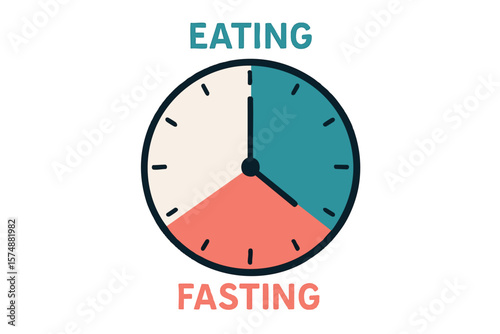 Flat vector intermittent fasting clock interface with eating and fasting windows marked, isolated on white