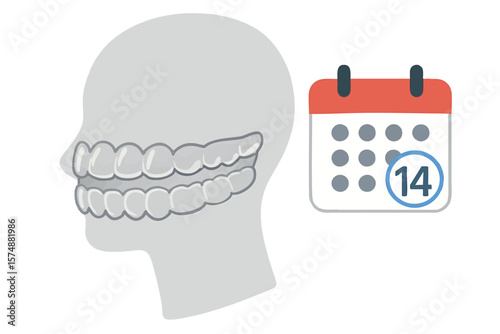 Flat vector invisible aligner on transparent model with days of use calendar, orthodontics concept, isolated on white