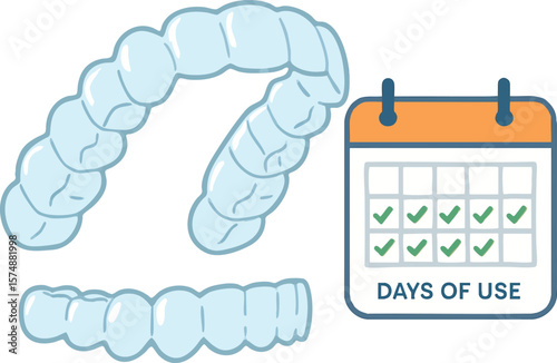 Flat vector invisible aligner on transparent model with days of use calendar, orthodontics concept, isolated on white