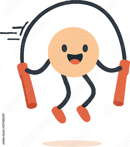 Flat vector jumping rope with fast motion lines and happy expression, isolated on white