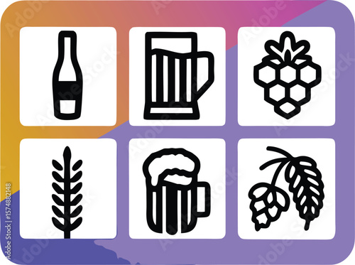 Craft Beer Brewing Ingredients Icons Grid Design