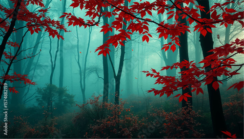 Autumnal splendor shines through the misty forest, highlighted by vibrant red leaves and tranquil woodland scenery.