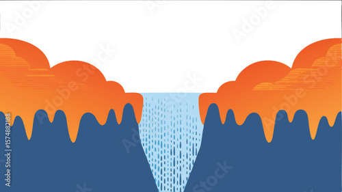 Illustration of a waterfall cascading between orange cliffs into a blue river under a white sky view