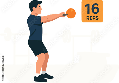 Flat vector kettlebell swing in gym space with numbered reps counter, isolated on white