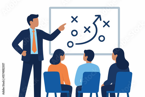 Flat vector leader pointing at strategy plan on whiteboard with teammates, team management, isolated on white