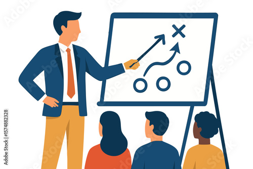 Flat vector leader pointing at strategy plan on whiteboard with teammates, team management, isolated on white