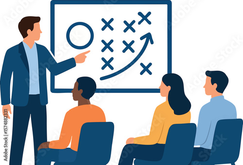 Flat vector leader pointing at strategy plan on whiteboard with teammates, team management, isolated on white