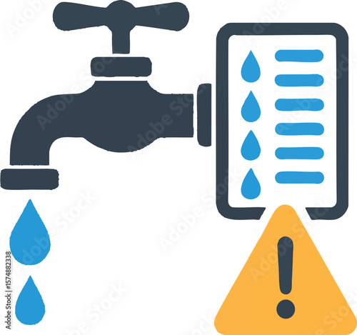 Flat vector leaking faucet with drop counter and warning icon, water waste concept, isolated on white