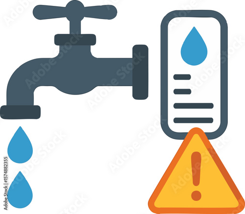 Flat vector leaking faucet with drop counter and warning icon, water waste concept, isolated on white