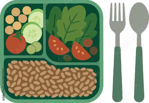 Flat vector lunchbox with homemade vegan meal and stainless utensils, waste-free lunch, isolated on white