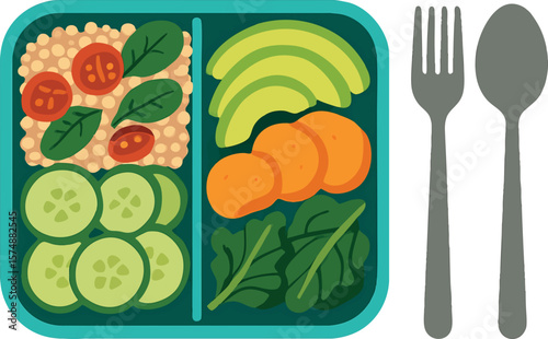 Flat vector lunchbox with homemade vegan meal and stainless utensils, waste-free lunch, isolated on white