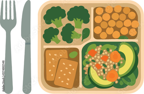Flat vector lunchbox with homemade vegan meal and stainless utensils, waste-free lunch, isolated on white
