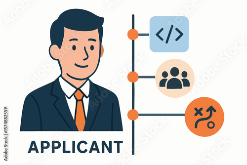 Flat vector male applicant with timeline of work experience and icons: coding, teamwork, strategy, isolated on white