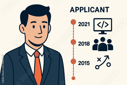 Flat vector male applicant with timeline of work experience and icons: coding, teamwork, strategy, isolated on white