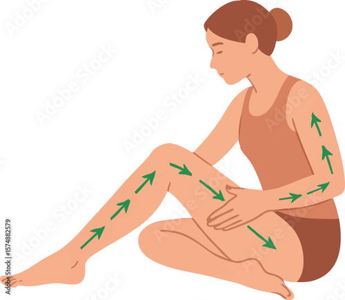 Flat vector lymphatic drainage massage with arrows on leg and arm, flat anatomical flow, isolated on white