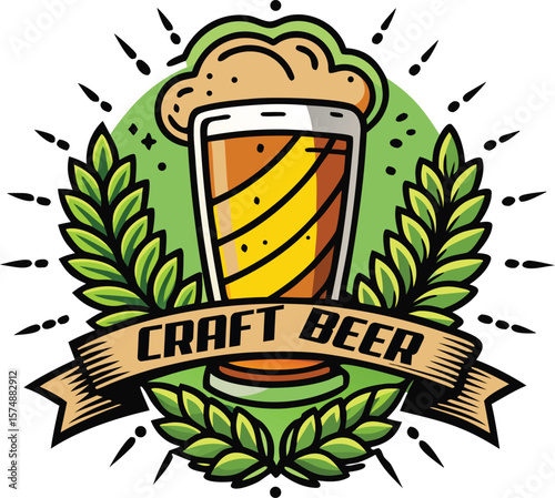 Craft Beer Logo Design with Hops and Beer Glass
