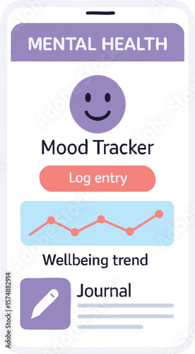 Flat vector mental health mobile app interface with mood tracker and journal, wellbeing trend, isolated on white