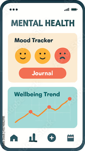 Flat vector mental health mobile app interface with mood tracker and journal, wellbeing trend, isolated on white