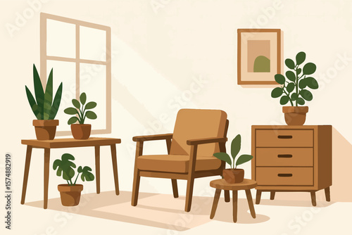 Flat vector minimalist room with plants, wooden furniture and sunlight, eco aesthetic interior, isolated on white