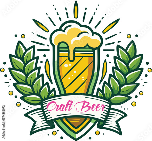 Craft Beer Logo Design with Wheat and Beer Glass