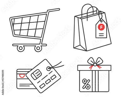 Shopping Cart, Bag, Gift Icons  E-commerce Line Art 