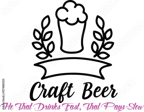 Craft Beer Logo Design with Beer Glass and Laurel Wreath