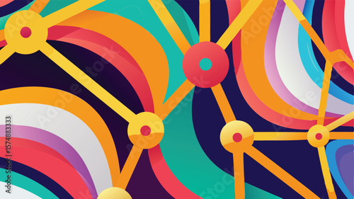 Abstract network illustration with colorful curved shapes and interconnected nodes forming a vibrant design