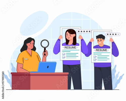 HR manager reviews resumes with magnifying glass job opportunities, vacancies, HR hiring, and candidate selection vector illustration