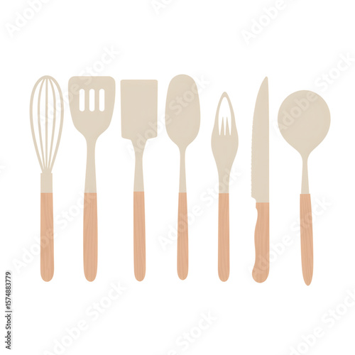 Kitchen utensils set with wooden handles in minimalist design  