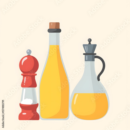 Glass bottle and salt shaker with olive oil on light background  