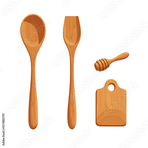 Wooden cooking utensils including spoons, honey dipper, and board  