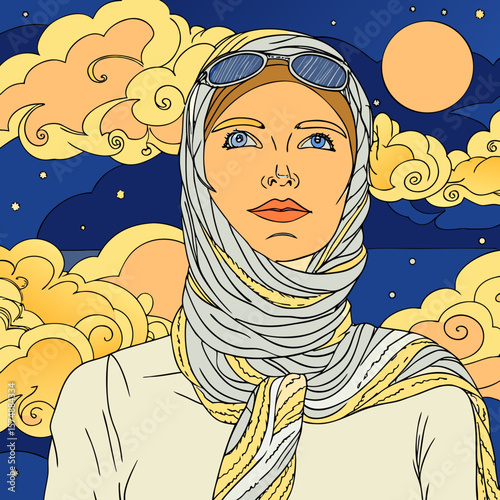 Vector illustration of a woman with headscarf looking up at a starry sky with a full moon.