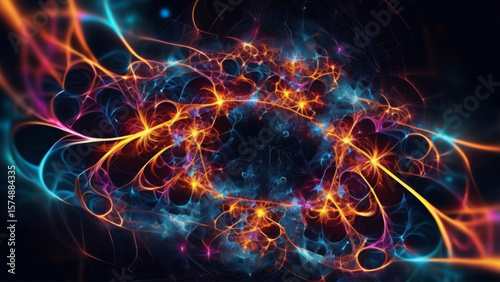 Abstract neon fractal wallpaper with space ultra magnification of a large cluster of neuron synapses in abstract dark space- Generative Ai