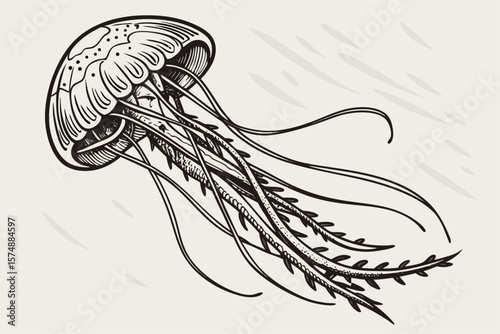 Intricate engraved black and white jellyfish design with subtle color accents