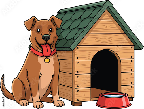 Cartoon brown dog sitting, wooden doghouse background, pet with collar, happy puppy, cute dog art, animal shelter design, illustration