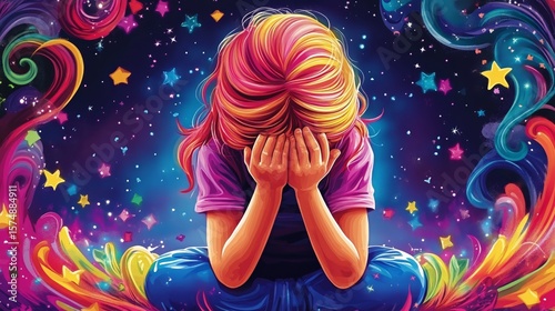 Vibrant emotional expression with colorful abstract swirls and stars
