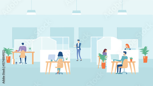 Illustration of a modern office space with employees working at their desks and one standing with coffee