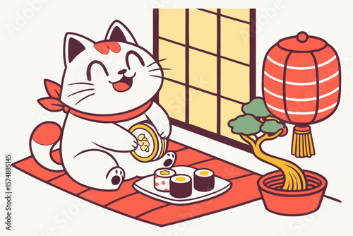 Chubby cartoon cat happily eating delicious sushi and japanese food