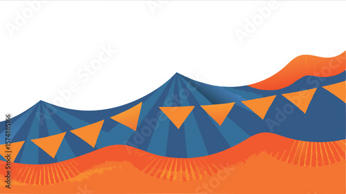 Illustration of a blue and orange circus tent with triangular flags and decorative fringe design element