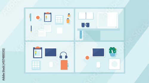 Illustration of a tidy workspace with desk supplies and office equipment in a modern setting design