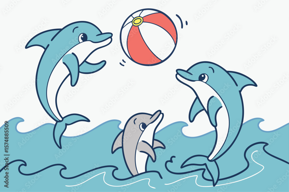 Naklejka premium Playful cartoon dolphins interacting with a beach ball in a vibrant ocean scene